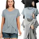 Rnxrbb Summer Maternity Nursing Shirts for Breastfeeding Tops Short Sleeve Postpartum Sets Clothes 3 Pack for Women,Black&Light Gray&Gray Blue XS