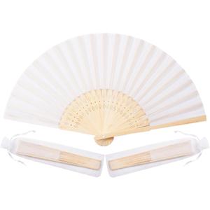 Sepwedd 50pcs White Imitated Silk Fabric Bamboo Folded Hand Fan Bridal Dancing Props Church Wedding party favors with Organza Bags