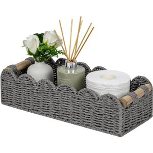 CubesLand Scalloped Edge Toilet Paper Storage Basket, Living Room Home Cozy Decor Basket, Paper Rope Small Baskets for Over Toilet Storage Shelf, End Table, Shelves, with 2 Wooden Handles, Grey