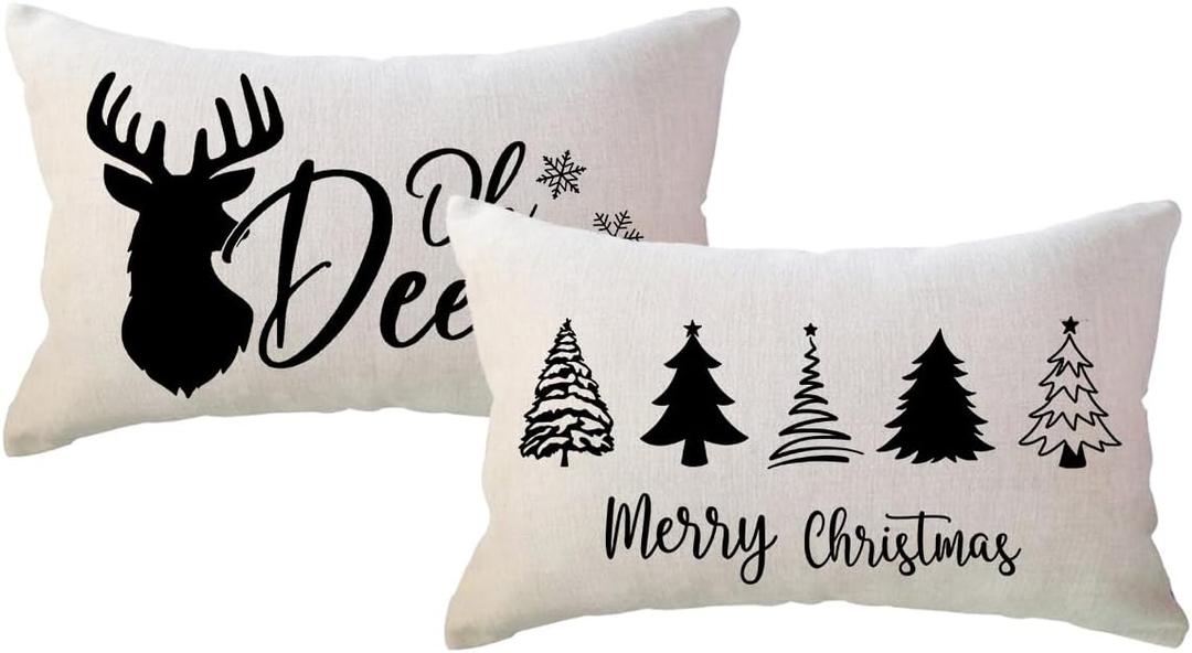 ULOVE LOVE YOURSELF Farmhouse Winter Holiday Throw Pillow Covers Winter Deer/Xmas Trees Lumbar Cushion Covers 1220 for Sofa Couch Porch Decor (Black)