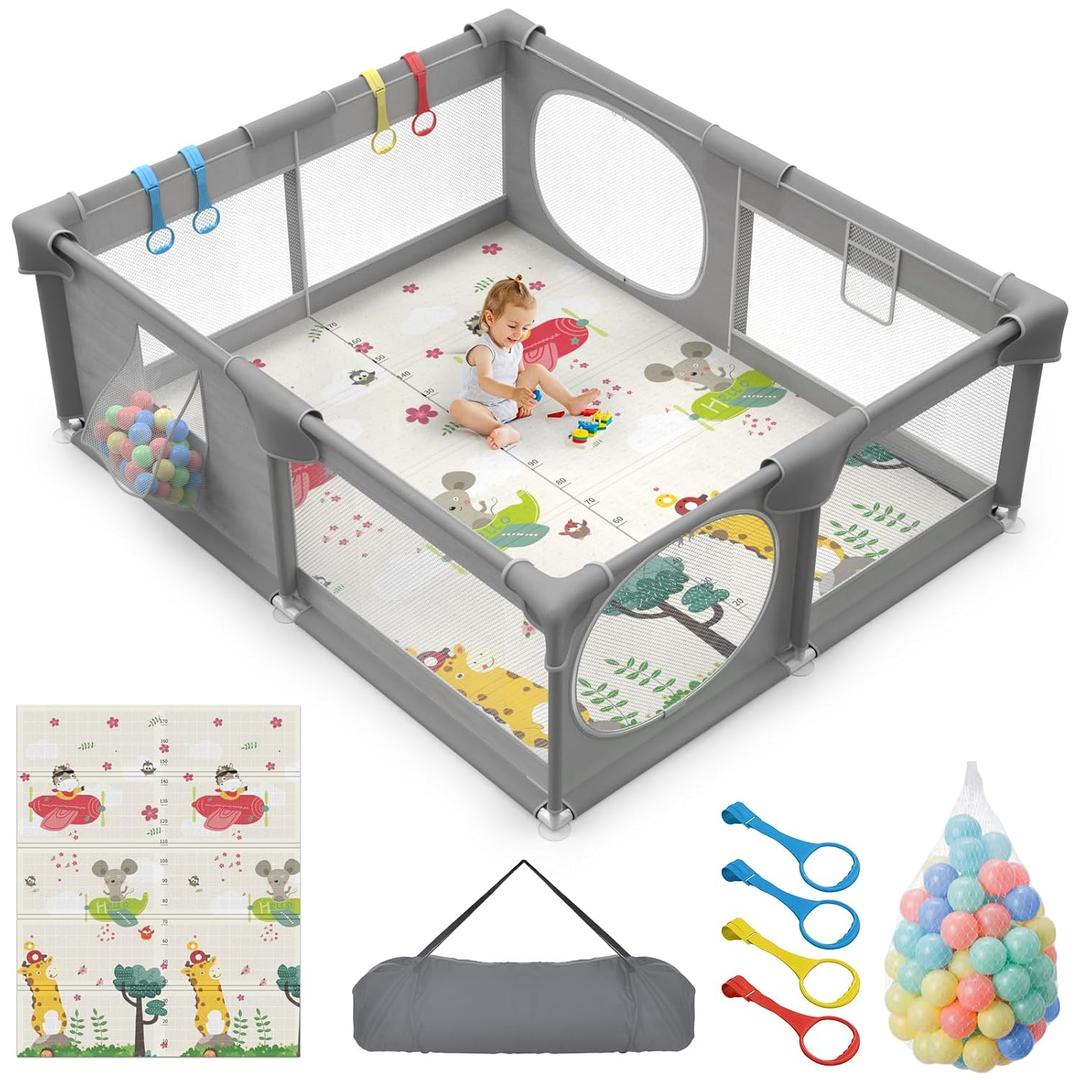 Inaya Baby Playpen with Mat, 71 x 59-inch Extra Large Play Yard for Baby and Toddler, Safety Play Fence, Large Indoor & Outdoor Activity Center for Kids, Breathable Mesh, Anti-Fall&Anti-Slip
