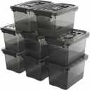 Black Plastic Storage Latch Bins, 8 Pack Clear Plastic Handle Box with Lids and Handle, Multi-Purpose, 4 Quart