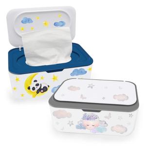 2Pcs Baby Wipes Dispenser, Diaper Wipe Holder with Lid, Refillable Wipes Case Container with Sealing Design, Flushable Wipes Pouch Case Storage Box for Bathroom, Keeps Wipes Fresh Easy Open & Close (BLue + Grey)