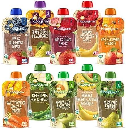 Happy Baby Organics Stage 2 Baby Food Pouches, Gluten Free, Vegan & Healthy Snack, Clearly Crafted Fruit & Veggie Puree, Fruit & Veggie Variety Pack, 4 Ounces (Pack of 10), Best By 10 July 2026