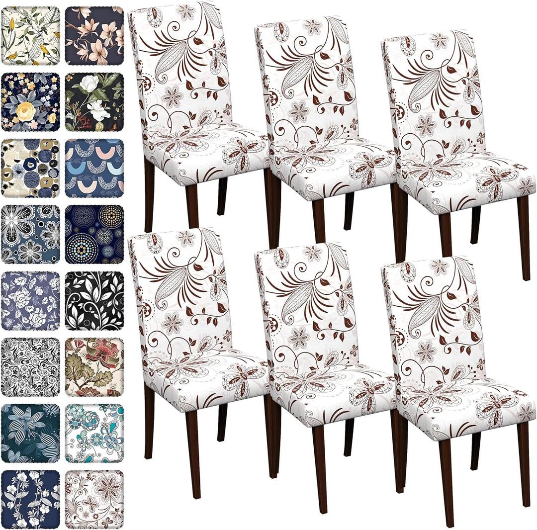 Chair Covers Dining Room Set of 6,Printed Patterned Stretch Non Slip Chair Slipcover Removable Washable Kitchen Chair Protector Cover for Home Hotel Banquet Party Office (White Brown Ornate Pattern)