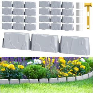 8Pcs Landscape Edging(12 FT) 24 Spikes - Faux Stone Edging Border for Garden, Flower Beds, Lawn & Pathways | 12ft L x3in H | Faux Stone Edging for Landscaping Outdoor (Grey)