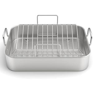 Stainless Steel Roasting Pan, 17*13 Inch Turkey Roaster with Rack - Deep Broiling Pan & V-shaped Rack & Flat Rack, Non-toxic & Heavy Duty, Great for Thanksgiving Christmas Roast Chicken Meat Lasagna