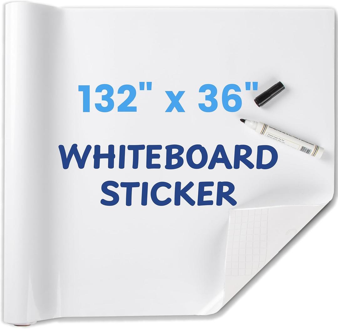 Whiteboard Sticker for Wall, 132" x 36" (11x3 FT) Peel and Stick Dry Erase White Board Roll, Stain-Proof Self-Adhesive Whiteboard Paper for Home, Office, Classroom