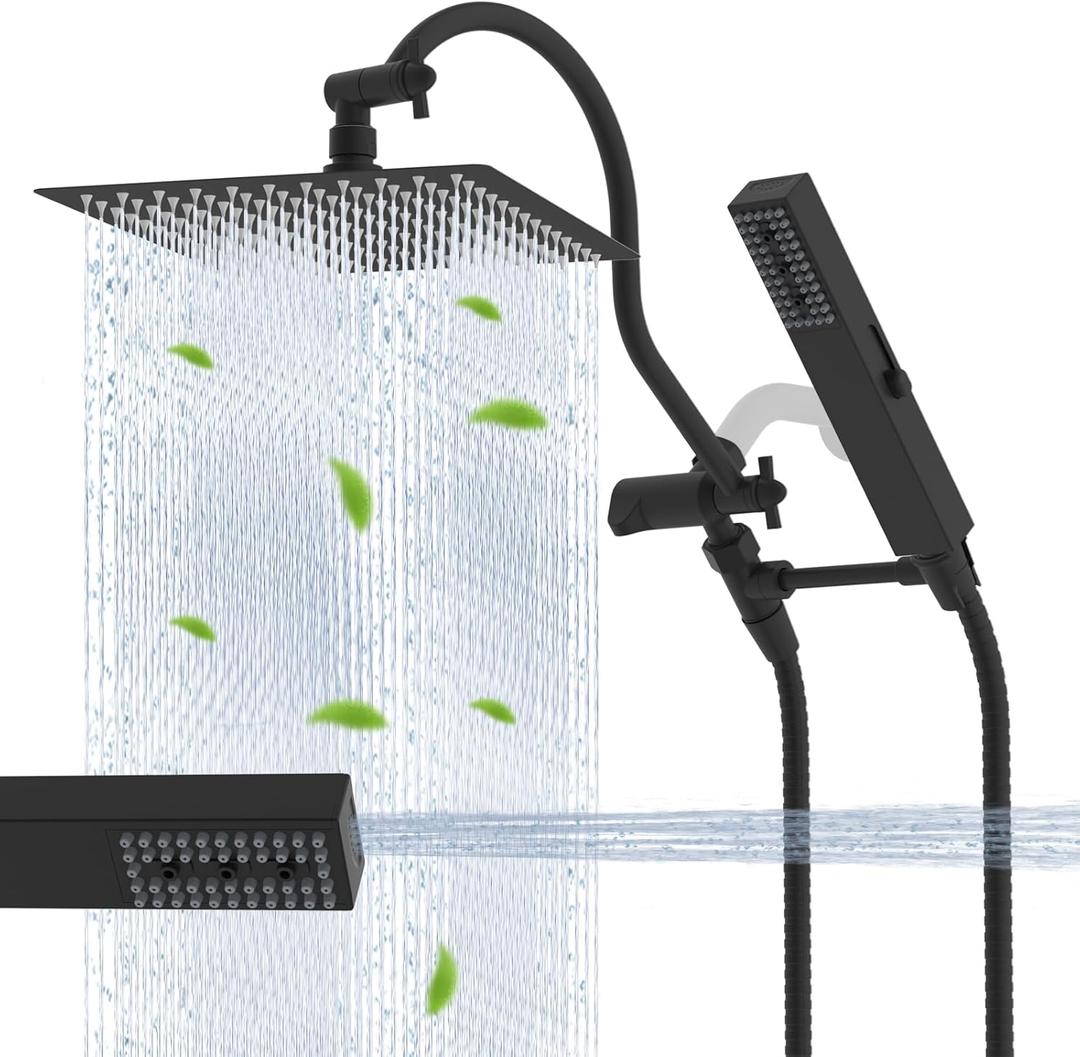 Hibbent All Metal cUPC Certified Shower Head, 12'' High Pressure Rainfall Showerhead Combo, Handheld Shower Wand, 12'' Adjustable Extension Arm, 4-Spray, 71'' Hose, Brass Shower Holder, Matte Black