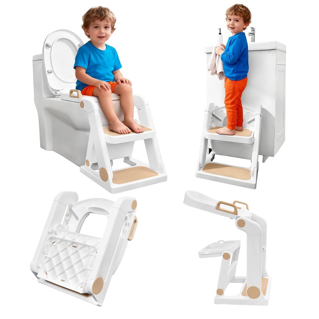 Potty Training Seat, Primlect Upgrade Toddler Toilet Seat for Kids Boys Girls, 2 in 1 Potty Training Toilet with Step Stool, Adjustable Seat and Ladder, Non-Slip Pad, Splash Guard (M-Brown)