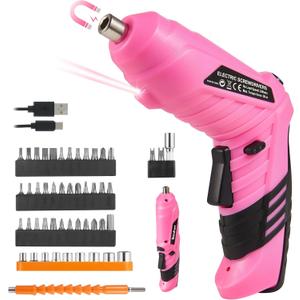 Pink Cordless Electric Screwdriver Set, 3.7V Rechargeable Small Electric Drill with 48pcs Driver Bit Set, Power 3Nm Screw Gun with 2 Position Handle, Flexible Shaft LED Light for Women