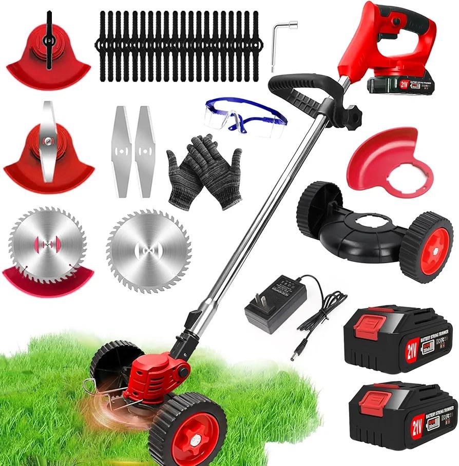Electric Weed Wacker Cordless Weed Trimmer Battery Powered 2 X 2.0Ah Batteries, 3-in-1 Stringless Grass Trimmer/Brush Cutter/Lawn Mower, Edger Weed Trimmer with Wheel & 23 Blade for Garden Yard