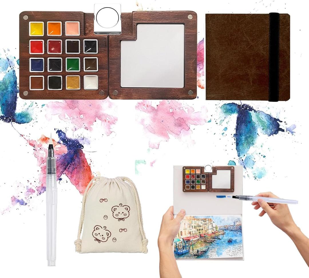 Mini Paint Palette Travel Kit - Mini Travel Watercolor Palette Set, Pocket Artist Water Color Travel Set with Colours, Watercolor Book, Binder Clips, Pens,Wooden Paint Box for Painters Artists Student (15 colors)