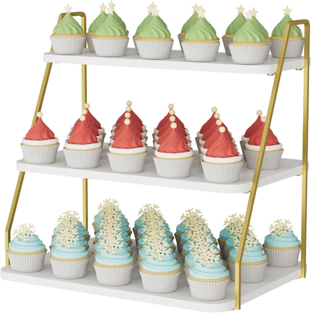 Cupcake Stand, 3-Tier Dessert Stand for 55 Cupcakes, Wood & Metal Tower Display Premium Holder Dessert Tree Tower for Christmas Birthday Weddings Party Decor, Serving Tray (White & Gold)