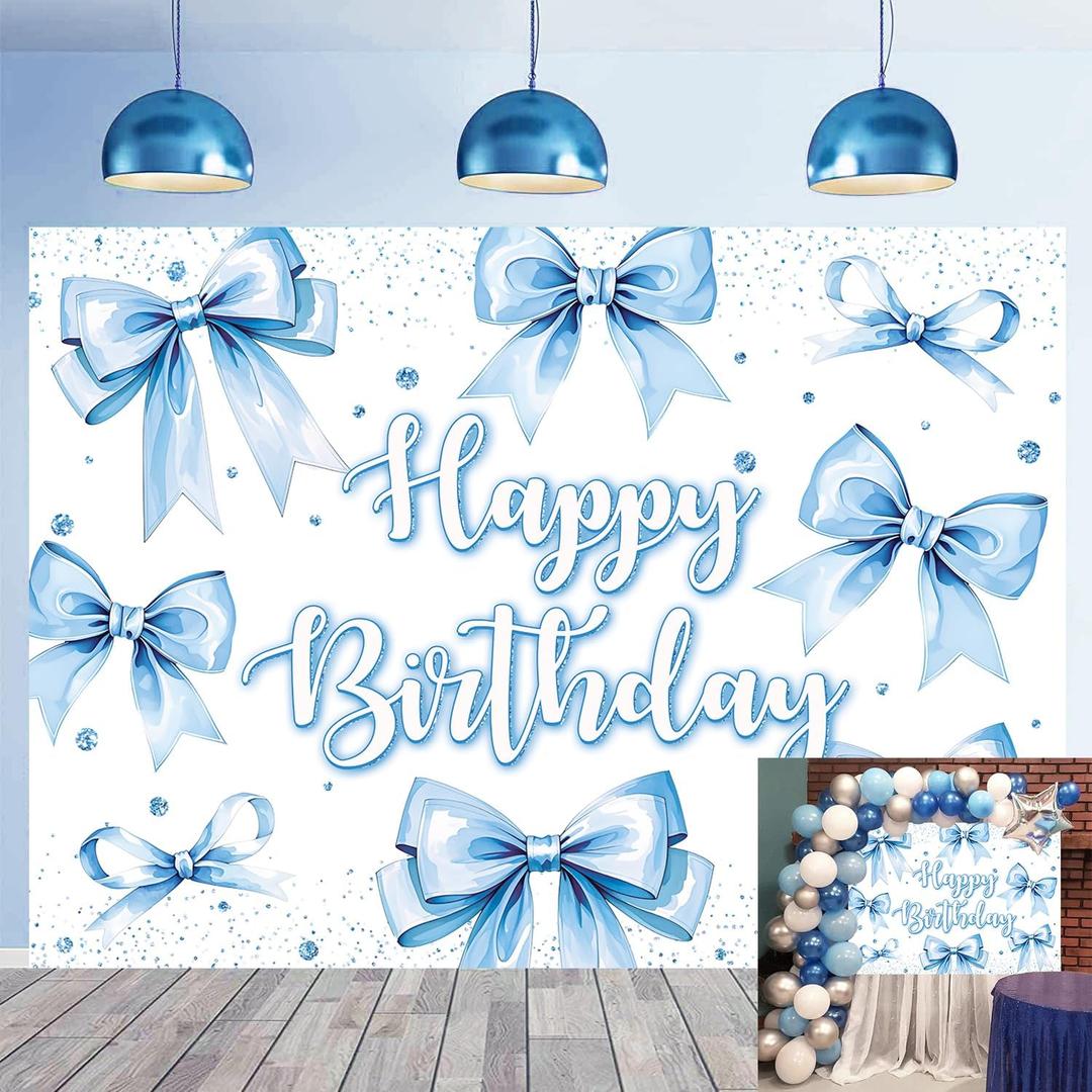 Bow Birthday Backdrop Banner Blue Bow Birthday Glitter Photography Background for Girls Women Bday Party Decorations Baby Shower Banner (8x6FT240x180cm)