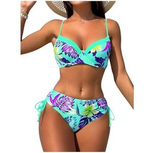 WDIRARA Women's 2 Piece Floral Print Tie Side Swimwear Summer High Waist Bikini Set Multicolor Green Small, S