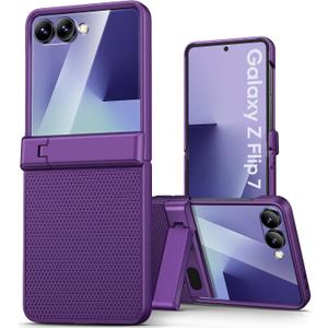 Vihibii for Samsung Galaxy Z Flip 7 Slim Case with Stand & Hinge Protection & Outer Screen Protector & Non-Slip Texture, Shockproof Durable Phone Case for Samsung Galaxy Z Flip 7 5G 2025, Dark Purple