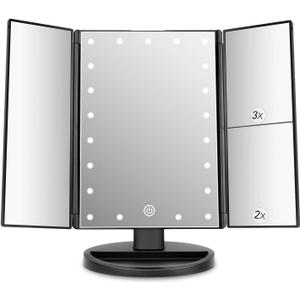 deweisn Tabletop Mount Trifold Lighted Vanity Mirror with 21 LED Lights, Touch Screen and 3X/2X/1X Magnification, Two Power Supply Mode Make up Mirror,Travel Mirror (Black)