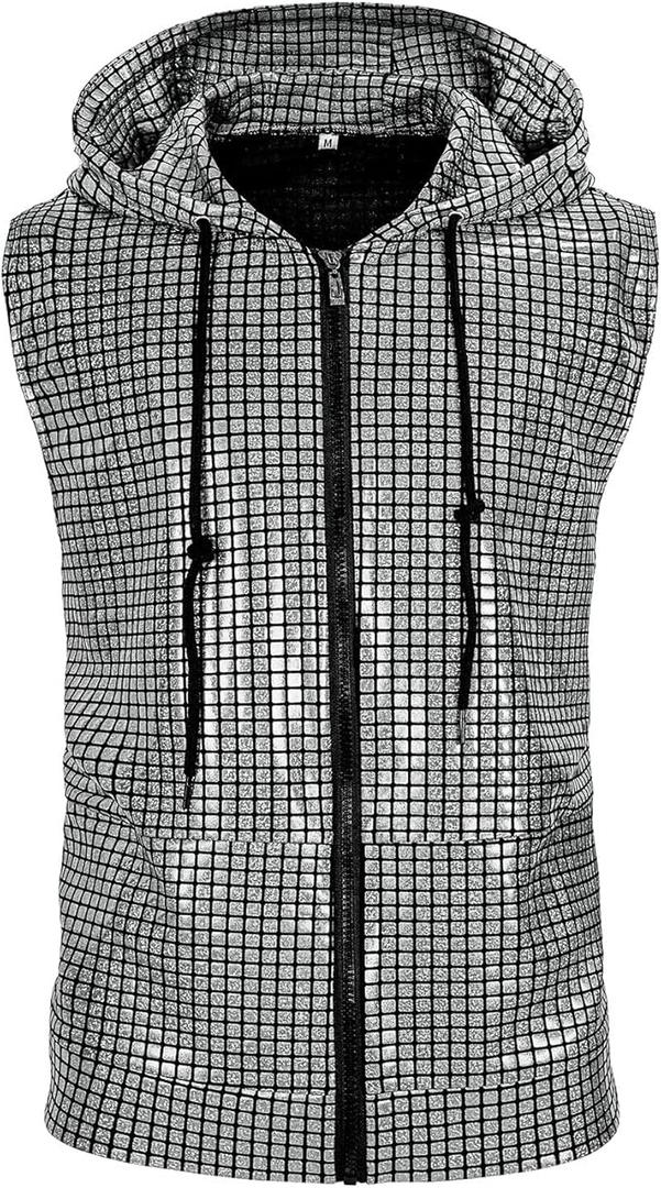 Men's Sequins Sleeveless Hooded Vest Disco Zippered Shirts 70s Disco Party Costume M