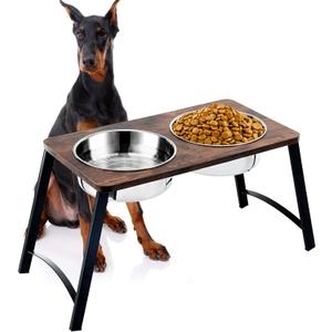 Elevated Dog Bowls for Medium and Large Dogs Wood Raised Bowl Stand with Two 1700ML (58oz) Stainless Steel Dog Food and Water Bowls, Non-Slip