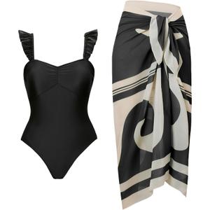 YUNAR Women Retro Deep Plunging One Piece Monokini Swimwear with Sarong 2 Pcs Set (Large, Black)