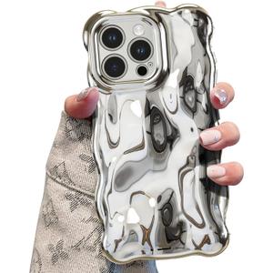 UEEBAI Ripple Case for iPhone 15 Pro Max, Cute Silver Cover Wave Shape for iPhone Case Pretty Aesthetic 3D Phone Cover, Water Ripple Shell 3D Chrome Design for Women and Girl, Silver
