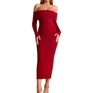 GLNEGE Off The Shoulder Fall Wedding Guest Dress Long Sleeve Bodycon Formal Cocktail Sweater Dresses for Women Wine (XS)