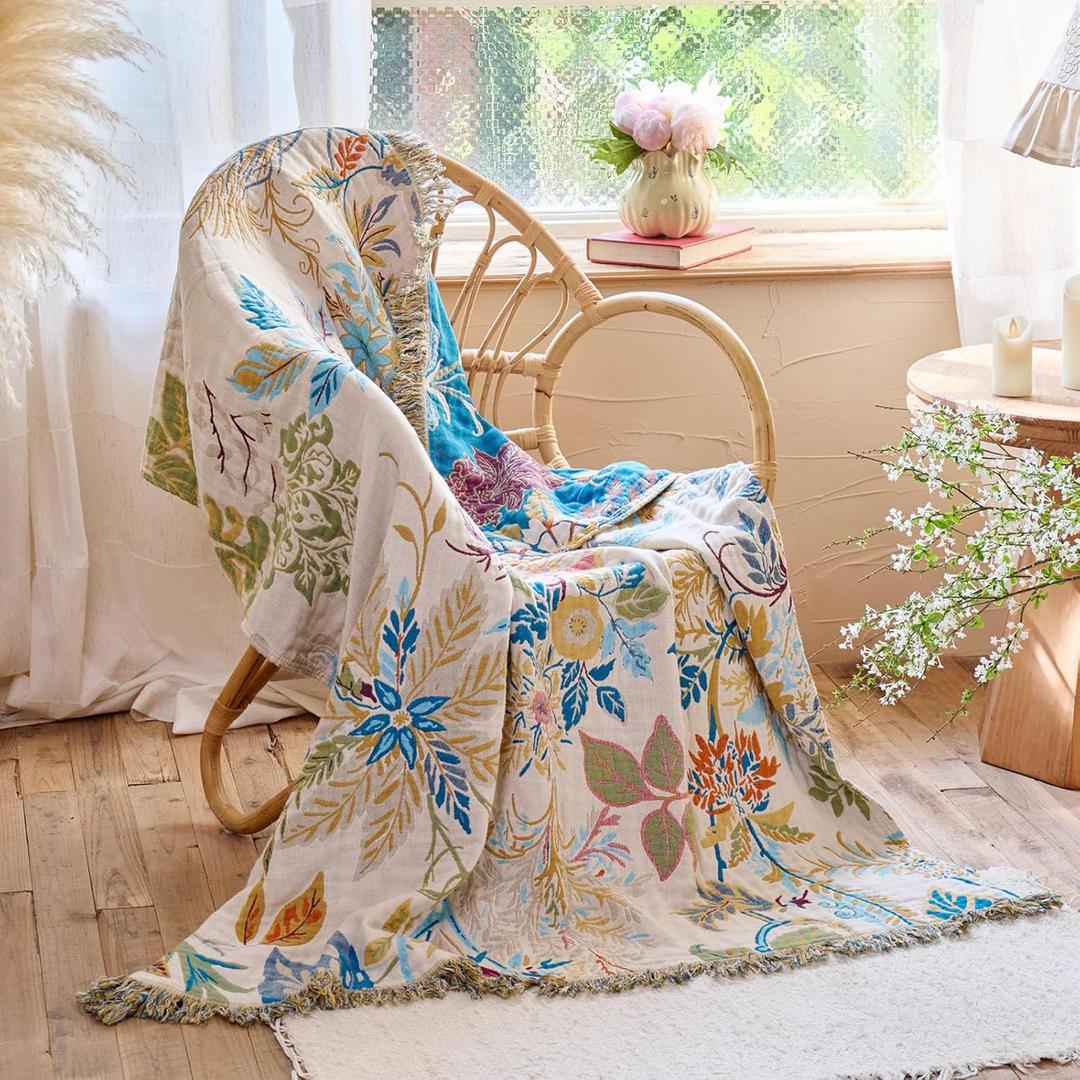 Boho Throw Blanket 50"x60" Floral Couch Blanket with Sunflowers,100% Cotton Soft Breathable Lightweight Spring Decorative Tassel Reversible Blankets for Sofa Bed Decor All Season