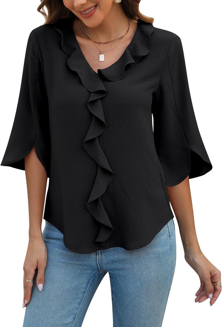 Blooming Jelly Womens Dressy Casual Blouses 3/4 Sleeve V Neck Ruffle Tops Business Ladies Summer 2025 Trendy Work Shirt (XX-Large, Black)