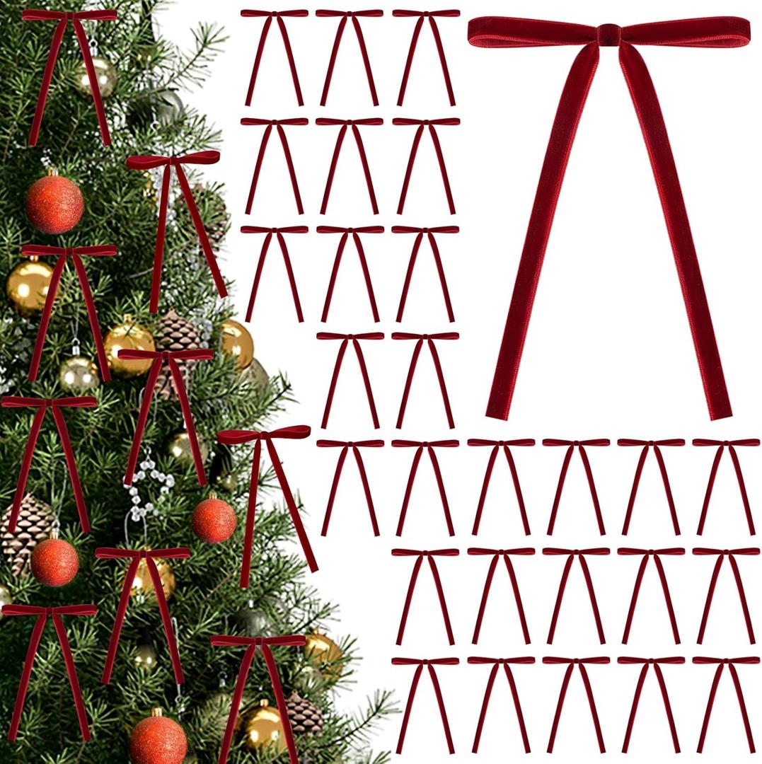 30 Pcs red Velvet Bows Christmas Tree Decorations, PreTied Vintage Ribbon Bows for Garland Wreath Indoor， Holiday Home Decor， Fireplace Decor， Xmas Decorations（3/8" Wide，5 * 7 Inch）