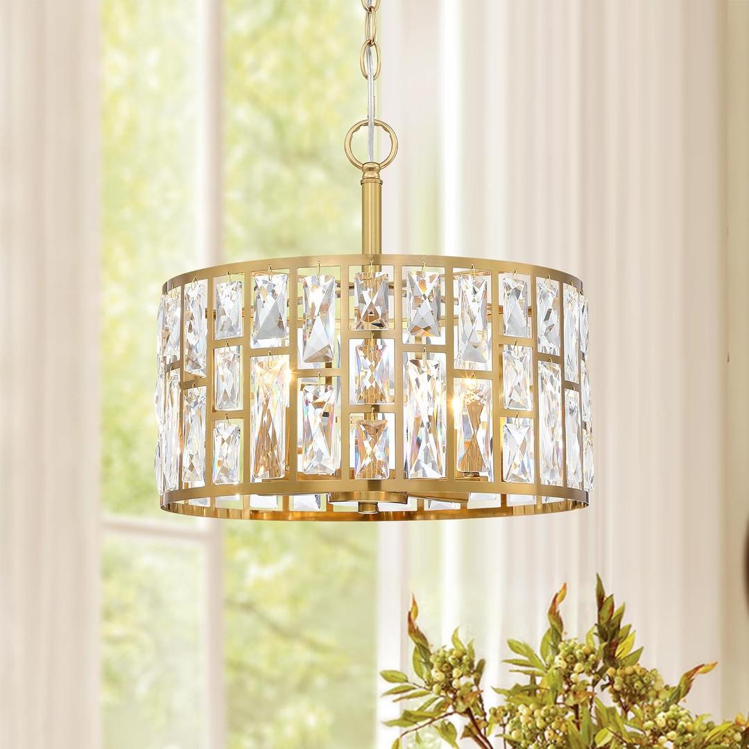 Farmhouse Crystal Convertible Chandelier and Semi Flush Mount Lighting Gold Cylinder Drum Shade Pendant for Kitchen Island Dining Room Bedroom Hallway (Gold-4 Lights)