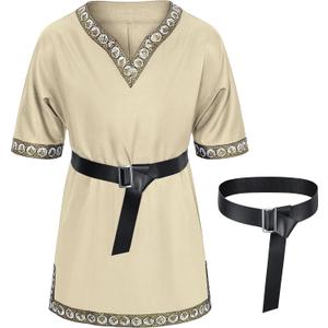 Kids Medieval Costume Boys Viking Tunic Knight Warrior Renaissance Shirts with Belt (10-12 Years, Beige)