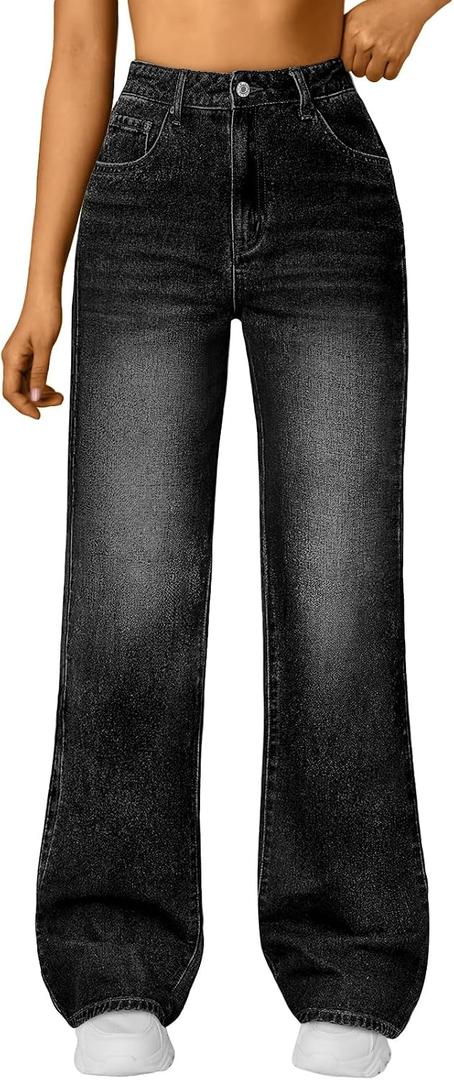 Trendy Queen Women's High Waisted Straight Wide Leg Jeans, Comfort Stretch Baggy Denim Pants (Black, L)