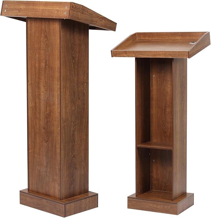 Wood Podium with Slanted Top, Chestnut Brown, Stable Base, Standing Lectern for Church, Classroom, Wedding