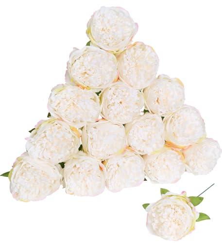 Fqueelvys 16pcs Peony Artificial Flowers Fake Peonies Bulks Cream White Silk Peonies Flowers Faux Peony Flowers Heads with Stems for Home Wedding Party Festival Baby Shower Decorations (Cream White)