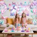 Mermaid Birthday Decorations – Includes Banner, Backdrop, Foil & Latex Balloons, Hanging Swirls, Cake & Cupcake Toppers, Honeycomb Centerpieces for Girls Mermaid Party Decorations