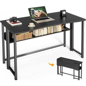 Huuger Folding Desk with Storage Shelf, 39.3 Inch Foldable Computer Table for Small Spaces, Space Saving Sofa Table for Couch, Writing Work Office Computer Desk, Easy to Fold, Black, 18.5"D x 39.4"W