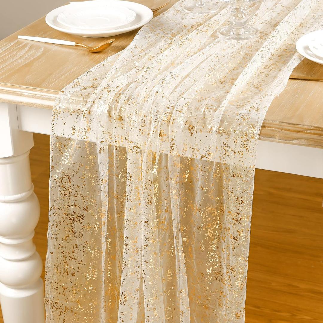 AerWo 4 Pcs Gold Table Runner 10FT, Boho Gold Foil Glitter Sheer Sequin Table Runners 120 Inches Long, Wedding Centerpiece Tables Decorations for Party Supplies Birthday Christmas Runners Decorations