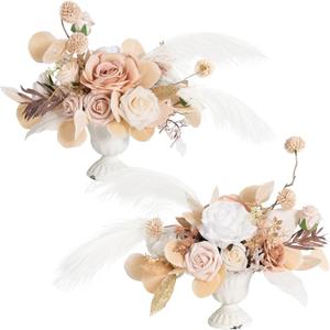 Ling's Moment White & Beige Artificial Flowers with Vase Wedding Decor Centerpiece Flower Potted for Ceremony Reception Tabletop Desk Flowers Mantel Archway Aisle, Fake Flowers Set of 2