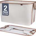 CleverMade Collapsible Laundry Basket Hamper - LUXE Cream Herringbone 2Pack 60L -SpaceSaving Storage Organizer with Handles Foldable Home Organization