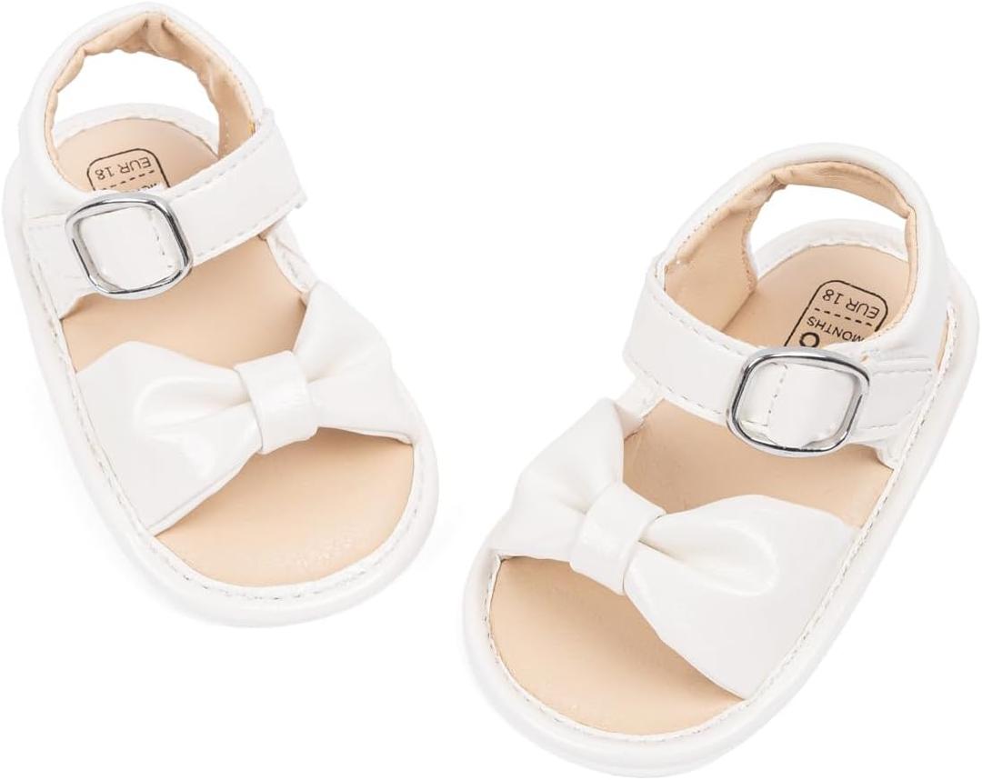 Oamico Baby Girl Sandals Infant Soft Anti-Slip Rubber Sole Casual Beach Sandals Newborn Bowknot Outdoor First Walker Summer Shoes for Baby Girls Flat Sandal (White)