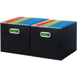 Oterri File Organizer, 2 Packs Large Storage Box, Cardboard File Folder Organizer, Collapsible File Box for Hanging File Folders Letter Size, Portable Filing Organizer with Handle (Black, Letter Size - 2 Packs-Large)