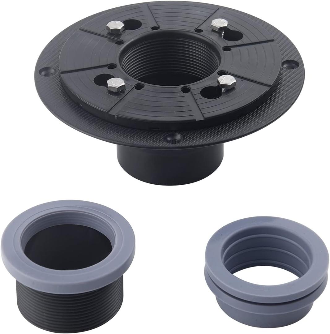 2 Inch Shower Drain Base Flange Kit Base, Threaded Adjustable Ring Adapter and Rubber Coupling Gasket for Installation of Square Linear Floor Drain Without Hub PVC