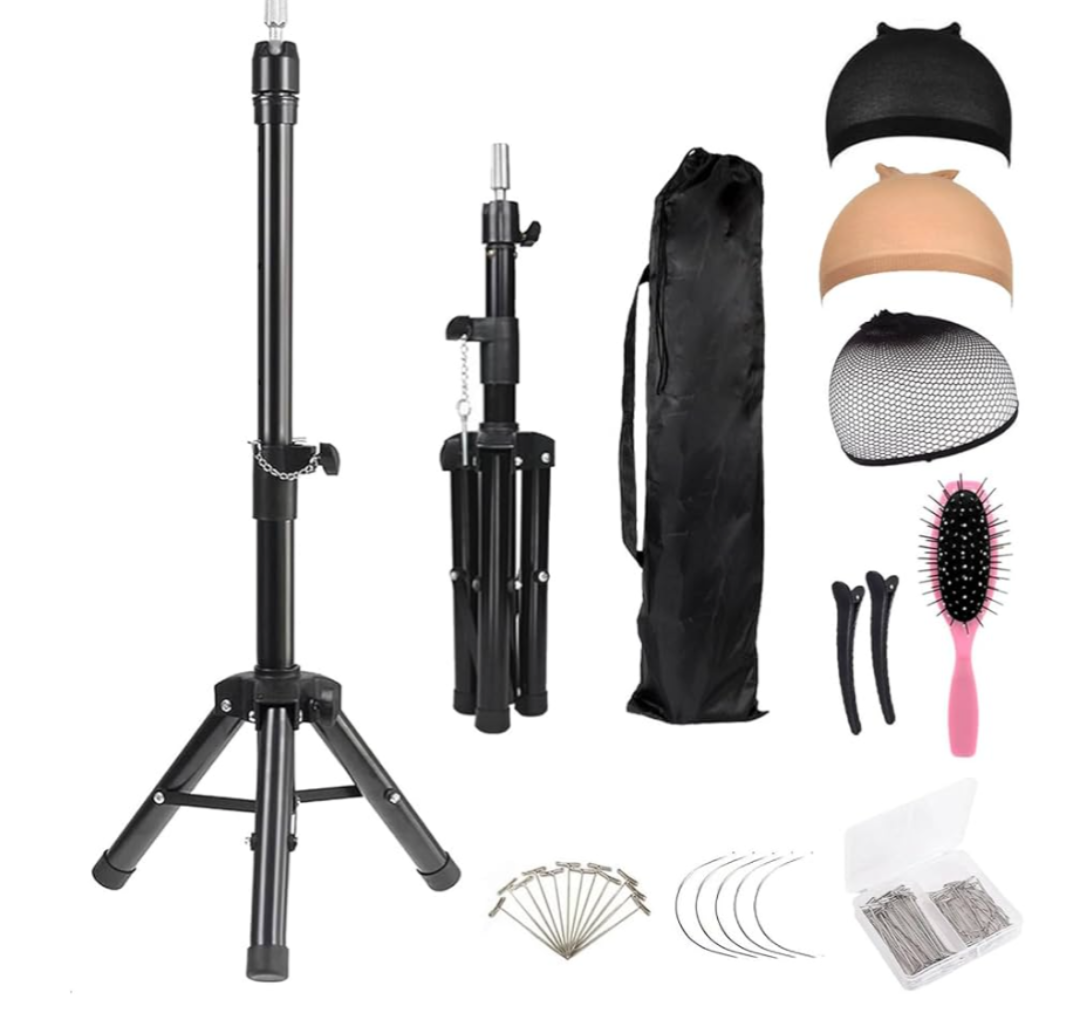 Reinforced Wig Stand Tripod 59" Heavy Duty Adjustable Mannequin Head Stand Tripod for Styling Cosmetology Hairdressing Training, Wig Head Stand Holder Set with Wig Caps, Comb T-Pins, Hair Clips, Headband