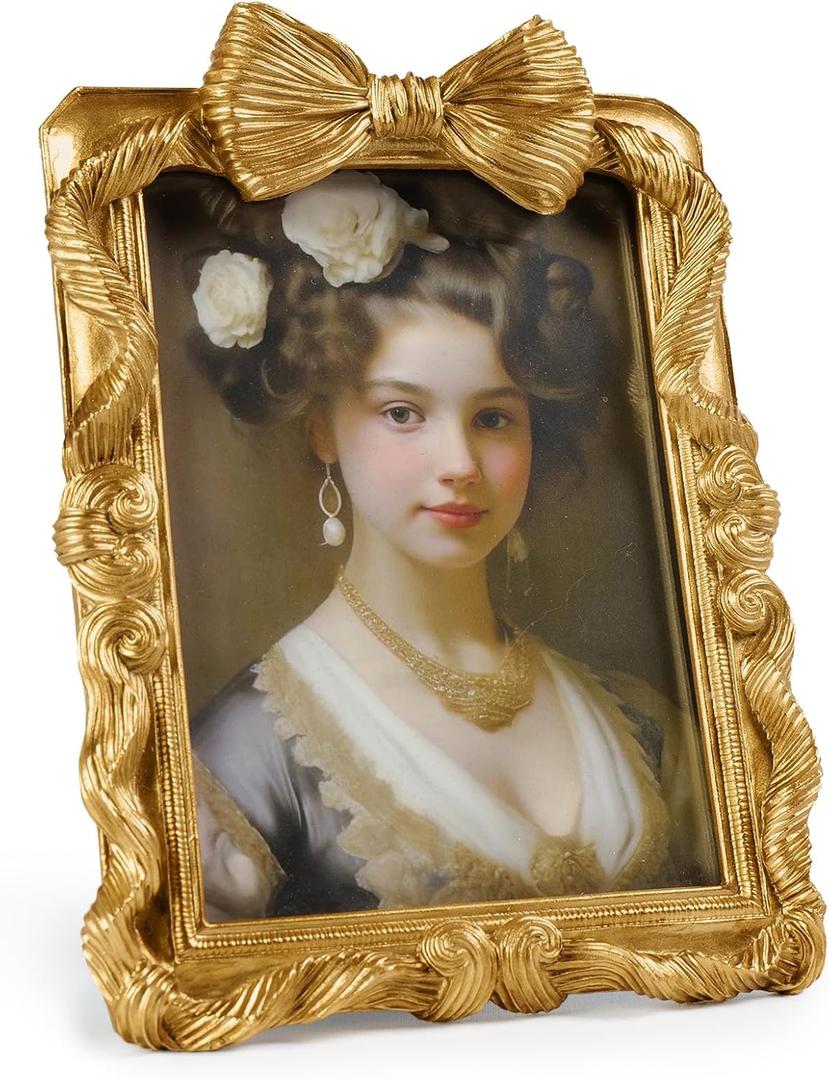Gold Picture Frames 5x7 Bow Frame, Ornate Elegant 5 by 7 Photo Frame with Bowknot Design, Vintage Handcrafted Resin Antique Frame with Glass Front for Wall and Tabletop Display, Home Decor, Gift Ideas