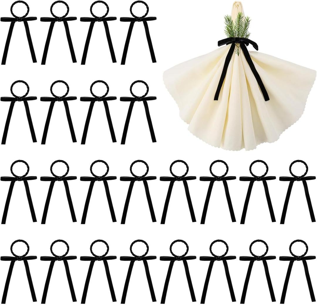 24 Set Velvet Napkin Rings Bow Napkin Holders for Table Settings Festive Gift Serviette Holder Rings Bow for Birthday Party Anniversary Wedding Table Decorations(Black)