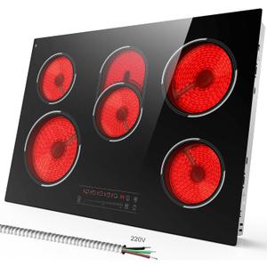 5 Burner Electric Cooktop, 30 Inch 8400W Built-in Electric Stovetop, Glass Ceramic Cooktop with Expanded Zone, Slide Touch Control, Child Lock, Timer, Pause, 220V - 240V Hard Wire, No Plug