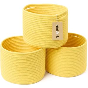 Small Basket for Organizing | Cube Shelf Closet Storage Baskets | 9.79.77.1 | Woven Rope Gift Basket | Nursery | Round 3 Packs Yellow
