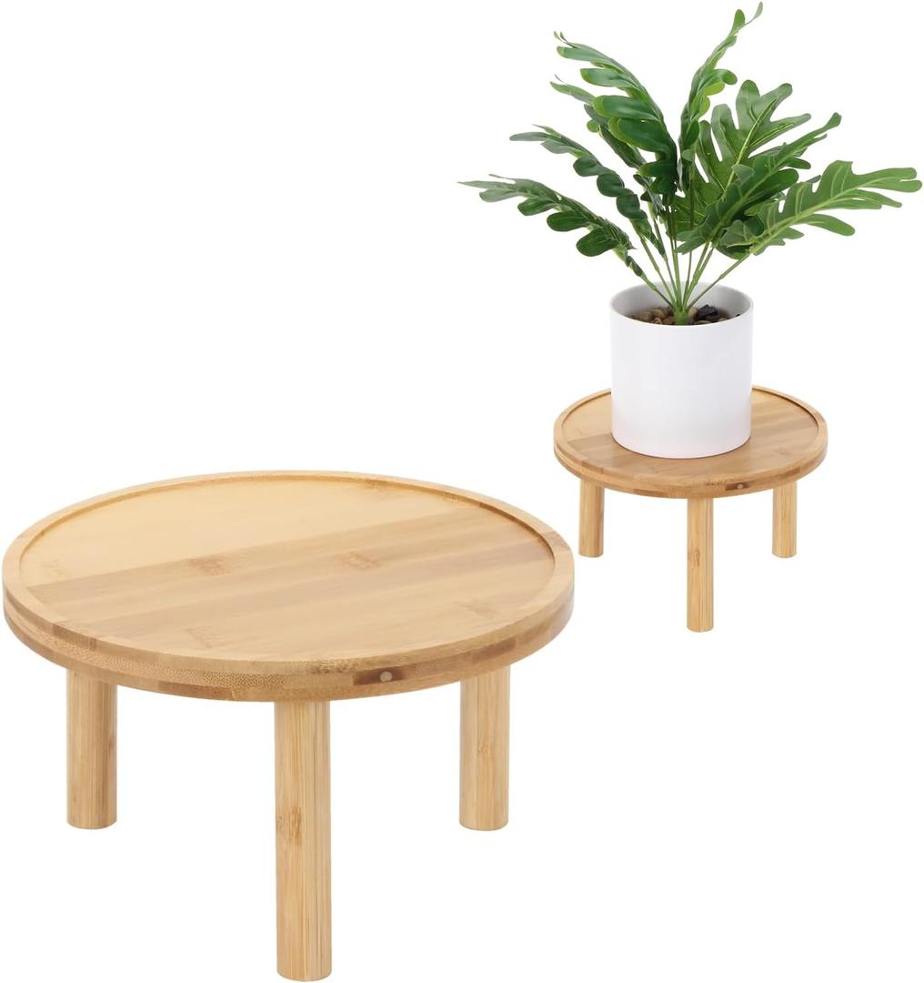 Mini Bamboo Stool Plant Display Stand, Round Decorative Flower Shelf Bonsai Rack, Succulents Plant Pot Raiser, Cake Stand Display Holder for Indoor Outdoor Garden Home Decoration, 2 Pack