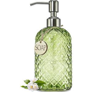 JASAI 18Oz Tea Green Soap Dispenser with Rust Proof Pump, Refillable Glass Soap Dispenser for Bathroom & Kitchen to Dispense Dish Soap, Hand soap, Lotion.